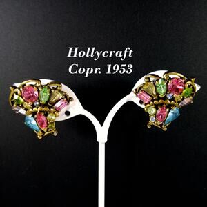 Hollycraft 1953 Pastel Rhinestone Earrings, Mid-Century Screw Backs, 1950s